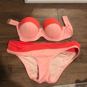 Coral and orange strapless bikini